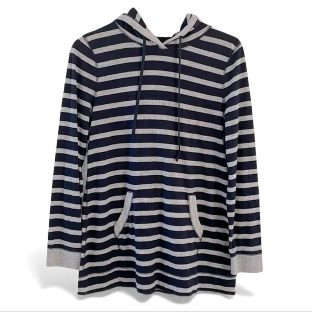 T TALBOTS Cotton Blend Jersey NAVY & GRAY STRIPES Hoodie Shirt Top Weekender M